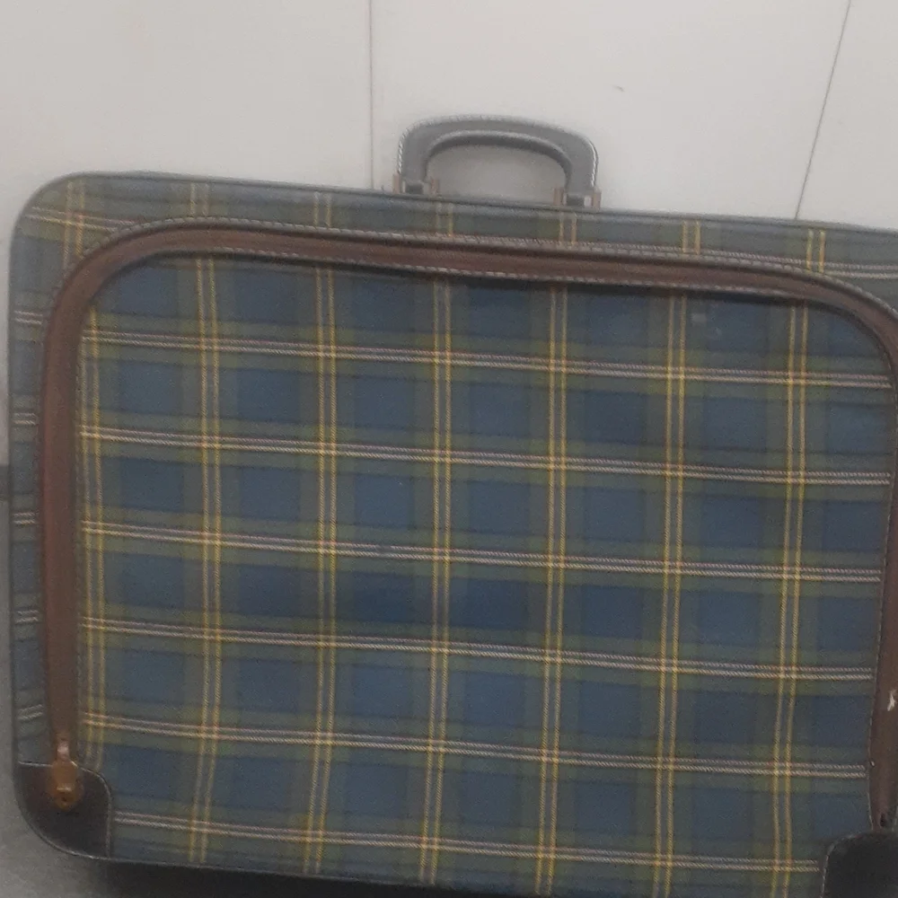 Vtg LEED'S Canvas Luggage SUITCASE PLAID NAVY